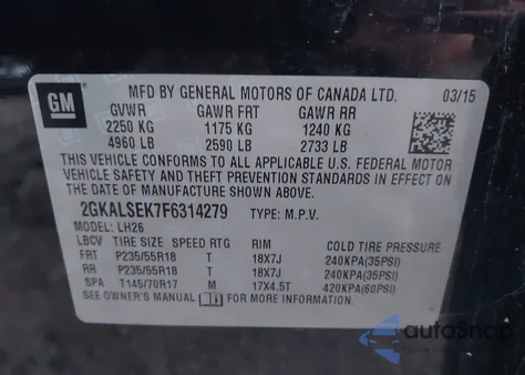 2015 GMC Terrain Slt-1 from USA, damaged, VIN 2GKALSEK7F6314279
